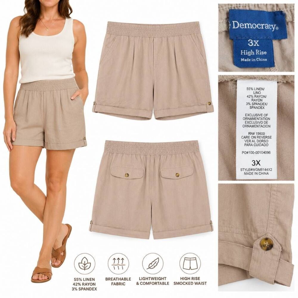 Democracy 3X High Rise Linen Blend Pull On Shorts Beige